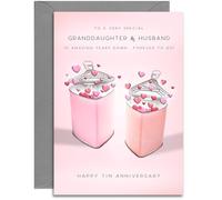 Granddaughter & Husband 10th Anniversary Card - Tin Wedding Anniversary Card - Tin Hearts Design - A5 Size Card with Grey Envelope