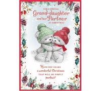 Granddaughter & Partner Christmas Card - Bears in Hats Holly Border Foil 7.5x5.5