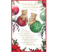 Granddaughter & Partner Christmas Card - Bears on Baubles Verse Gold Foil 9x6"