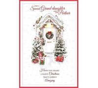 Granddaughter & Partner Christmas Card - Wreath on White Door with Red Foil 9x6