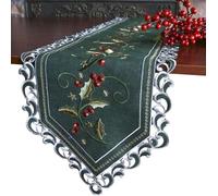 GRANDDECO Holiday Christmas Table Runner 13"x54", Cutwork Embroidered Floral Holly Berry Dresser Scarf Table Topper for Home Dining Xmas Table Top Decoration