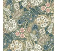 Grandeco Alice Retro Mid Century Floral Textured Wallpaper, Blue Green