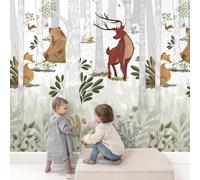 Grandeco Animal Kingdom Nursery Woodland Scene 3 Panel Repeatable Mural 1.59 X 2.8M, White