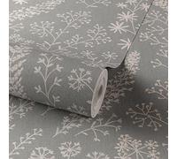 Grandeco Astrid Embroidery Stitch Foliage Trail Wallpaper, Grey