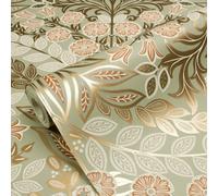 Grandeco Belvedere Damask Style Arts & Crafts Metallic Floral Themed Wallpaper for Hallways Dining Rooms Living Rooms SnugsSage Green(202304)