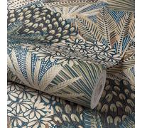 Grandeco Boutique Collection Mael Modern Jungle Navy Blue & Green Botanical Wallpaper 10m x 53cm, Blue