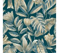 Grandeco Boutique Merida Botanical Leaves Luxury Weight Embossed Wallpaper, Blue