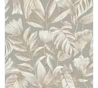 Grandeco Boutique Merida Botanical Leaves Luxury Weight Embossed Wallpaper, Grey, Grey