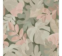 Grandeco Boutique Retro Leaf Pvc-Free Eco Wallpaper, Pink Green Grey
