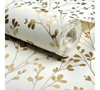 Grandeco Calluna Delicate Metallic Sprig Blown Vinyl Wallpaper, Cream Gold