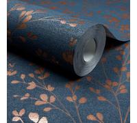 Grandeco Calluna Delicate Metallic Sprig Blown Vinyl Wallpaper, Navy