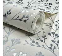 Grandeco Calluna Delicate Metallic Sprig Blown Vinyl Wallpaper, White Silver