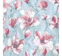 Grandeco Camilla Teal Green & Pink Floral Water Colour Effect Wallpaper A72401