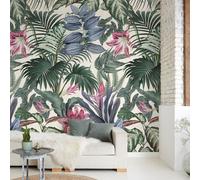Grandeco Delicate Jungle Botanical Xxl Leaves & Flowers Green & Pink 3 Lane Repeatable Wallpaper Mural 1.59 X 2.8M