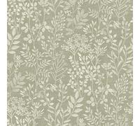 Grandeco Embroidery Stitched Organic Foliage Trail Wallpaper, Green, Green