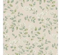 Grandeco Forget Me Not Neutral Green Wallpaper Leaf Trail Classic Feature Wall