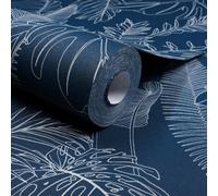 Grandeco Galapalos Sketch Leaf Sprig Foliage Blown Vinyl Wallpaper, Navy