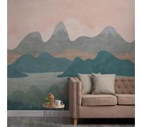 Grandeco Hills & Mountains Landscape 7 Lane Textured Mural, 2.8 X 3.71M Pink Teal, Multi