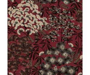 Grandeco Hisae Oriental Leaf Metallic Textured Wallpaper Red
