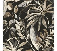 Grandeco Inky Palm Botanical Jungle Textured Wallpaper, Black Beige
