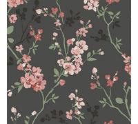 Grandeco Jasmin Floral Cherry Blossom Trail Blown Vinyl Wallpaper, Black, Black