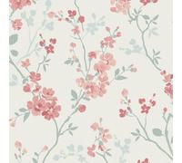 Grandeco Jasmin Floral Cherry Blossom Trail Blown Vinyl Wallpaper, White Pink