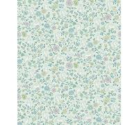 JS3102 Non-Woven Wallpaper Flowers Rabbits Birds Tendrils Leaves Green Pink Blue