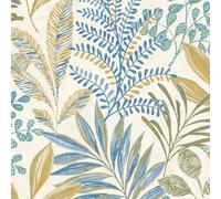 Grandeco Kara Tropical Jungle Foliage Leaves Textured Wallpaper, Neutral Blue, Blue