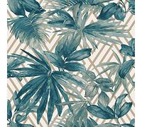 Grandeco Wallpaper Life Forage 156001 - Metallic Geometric Palm Leaf, Teal