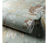 Grandeco Jungle Motif Louan Floral Foliage Metallic Textured Vinyl Wallpaper, A54802