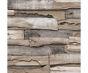 Grandeco Malay Premium-Quality Vinyl Wallpapers with Weathered Wood 53 cm x 10 m (Beige)
