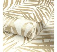 Grandeco Maui Palm Frond Leaf Textured Wallpaper, Neutral Gold