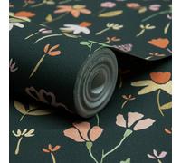 Grandeco Naive Garden Ditsy Flowers Textured Wallpaper, Black