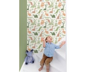 Grandeco Non-Woven Wallpaper Dinosaur Trees Childrens Room White Green Brown LL-10-12-8
