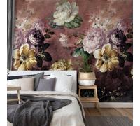 Grandeco Painted Flowers Burgundy Repeatable Wallpaper Mural 159 x 280cm, Purple