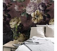 Grandeco Painted Flowers Burgundy Repeatable Wallpaper Mural 159 x 280cm, Purple