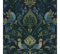 Grandeco Peacock and Leaf Scrolls Opulent Damask Textured Wallpaper, Green Blue