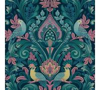 Grandeco Peacock Themed Damask Style Textured Vinyl Bold Coloured Wallpaper in Navy Blue/Pink Perfect for Feature Walls Living Rooms Bedroom Decoration A67801