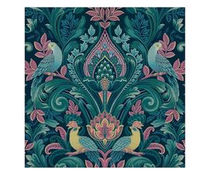 Grandeco Peacock Themed Damask Style Textured Vinyl Bold Coloured Wallpaper in Navy Blue/Pink Perfect for Feature Walls Living Rooms Bedroom Decoration A67801