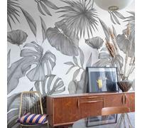 Grandeco Raha Botanical Sketch Jungle Leaves 3 Panel Repeatable Mural 1.59 X 2.8M, Grey