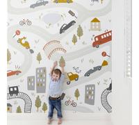Grandeco Roomblush Nursery Cars 6 Lane Repeatable Wallpaper Mural 300 X 285Cm, Red Grey