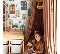Grandeco Roomblush Nursery Tiny Houses 4 Lane Repeatable Wallpaper Mural 200 X 285Cm, Neutral Multi