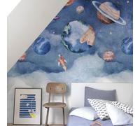 Grandeco Roswell Watercolour Planet Spaceship Nursery 3 Panel Repeatable Mural 1.59 X 2.8M, Blue