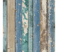 Grandeco Rustic Distressed Elm Wood Plank Effect Blue Cabin Beige Realistic Wallpaper