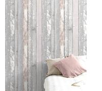 Grandeco Rustic Painted Wood Panel Effect Pale Blush Pink Light & Dark Grey Wallpaper