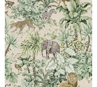 Grandeco Safari Green Wallpaper Animal Print Tropical Jungle Lion Zebra Elephant