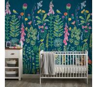Grandeco Spring Meadow Flower Painted Sprig 3 Panel Repeatable Wallpaper Mural, 1.59 X 2.8M, Dark Teal