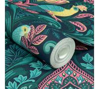 Grandeco Statement Peacock Damask Navy Embossed Wallpaper