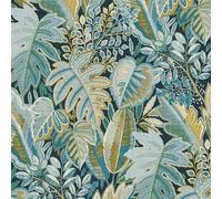 Grandeco Tribal Leaf Retro Jungle Foliage Textured Wallpaper Aqua Blue & Green