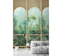 Grandeco Tropical Arched Colonial Balcony Fresco 3 Lane repeatable Textured Mural, 2.8 x 1.59m, Green